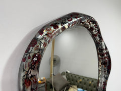 Handcrafted Floral Mirror with Red Blossom Frame – Modern Wall Decor for Living Room