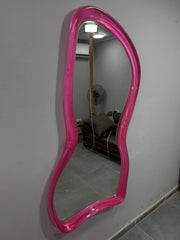 Designer Epoxy Resin Mirror – Handmade Irregular Pink Transparent Frame Wall Mirror for Contemporary Interiors