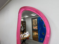 Designer Epoxy Resin Mirror – Handmade Irregular Pink Transparent Frame Wall Mirror for Contemporary Interiors