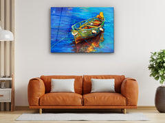 ・"Oil Painting of a Boat on the Sea"・Glass Wall Art