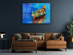 ・"Oil Painting of a Boat on the Sea"・Glass Wall Art