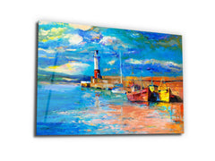 ・"Nautical Lighthouse and Boats Oil Painting"・Glass Wall Art