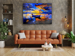 ・"Lonely boat in The River of Color"・Glass Wall Art