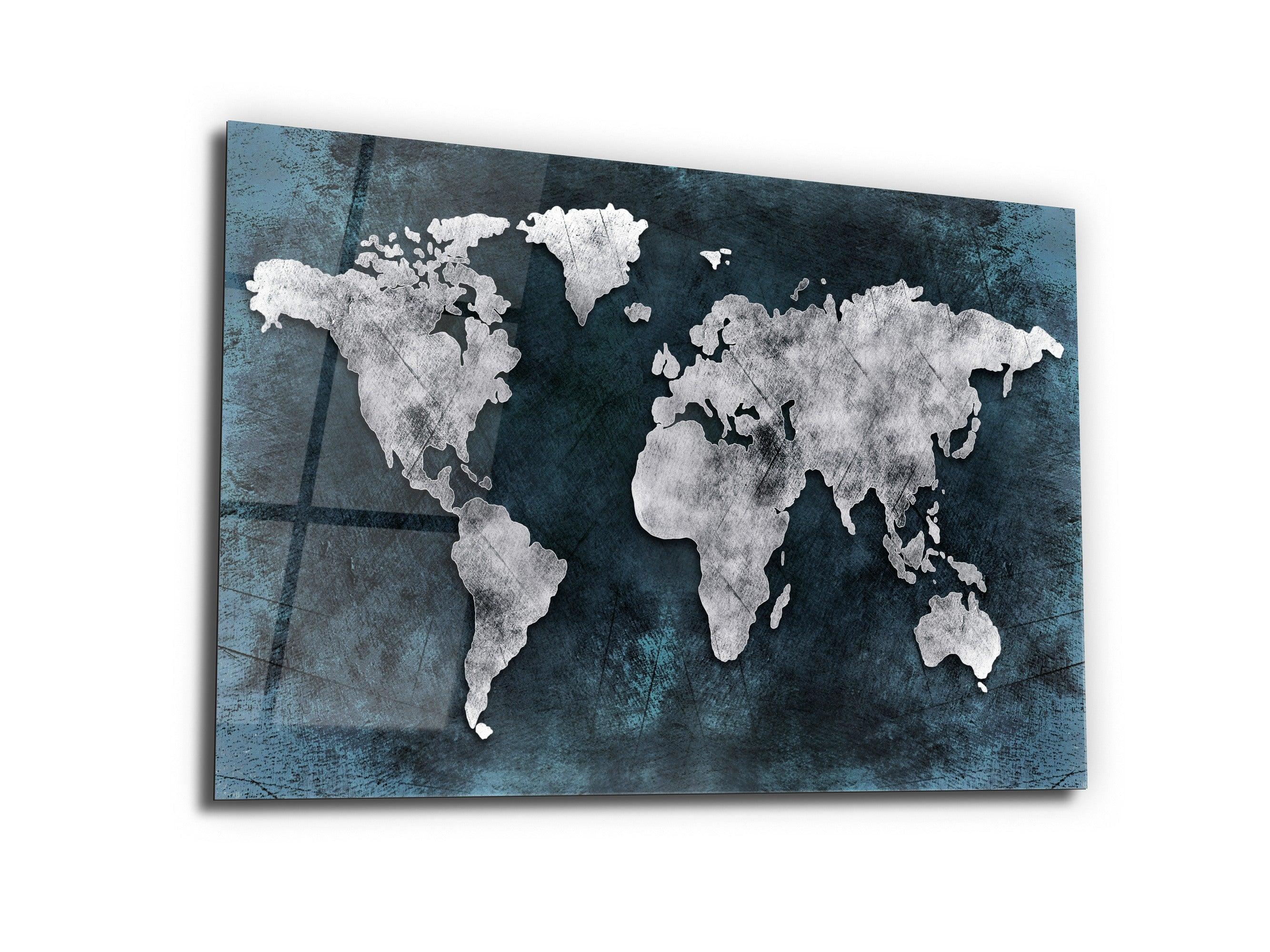 ・"World Map Dark Blue Silver"・Glass Wall Art - Wonders Of Wall