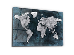 ・"World Map Dark Blue Silver"・Glass Wall Art - Wonders Of Wall