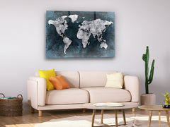 ・"World Map Dark Blue Silver"・Glass Wall Art - Wonders Of Wall