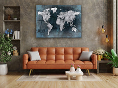 ・"World Map Dark Blue Silver"・Glass Wall Art - Wonders Of Wall