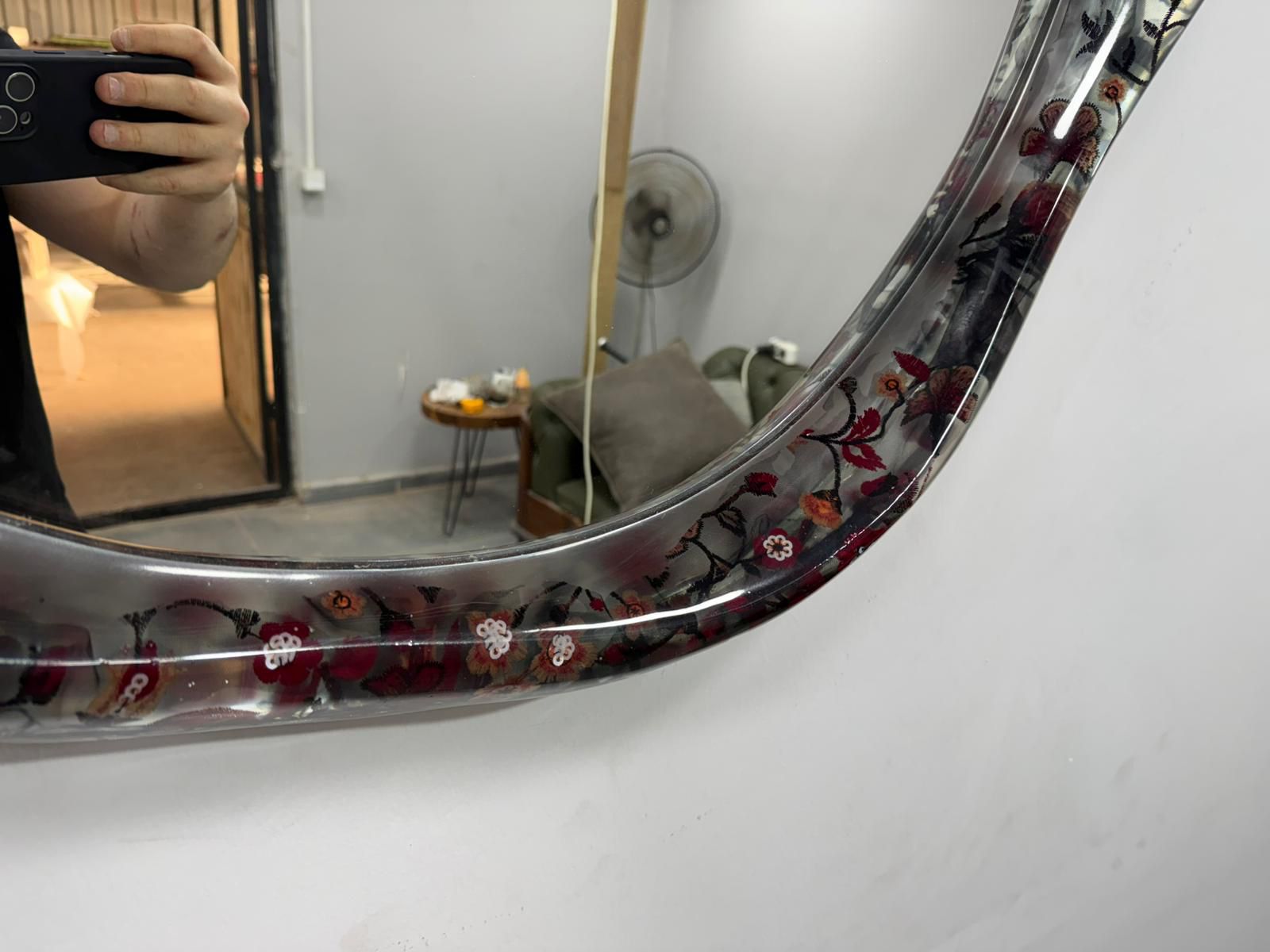 Handcrafted Floral Mirror with Red Blossom Frame – Modern Wall Decor for Living Room