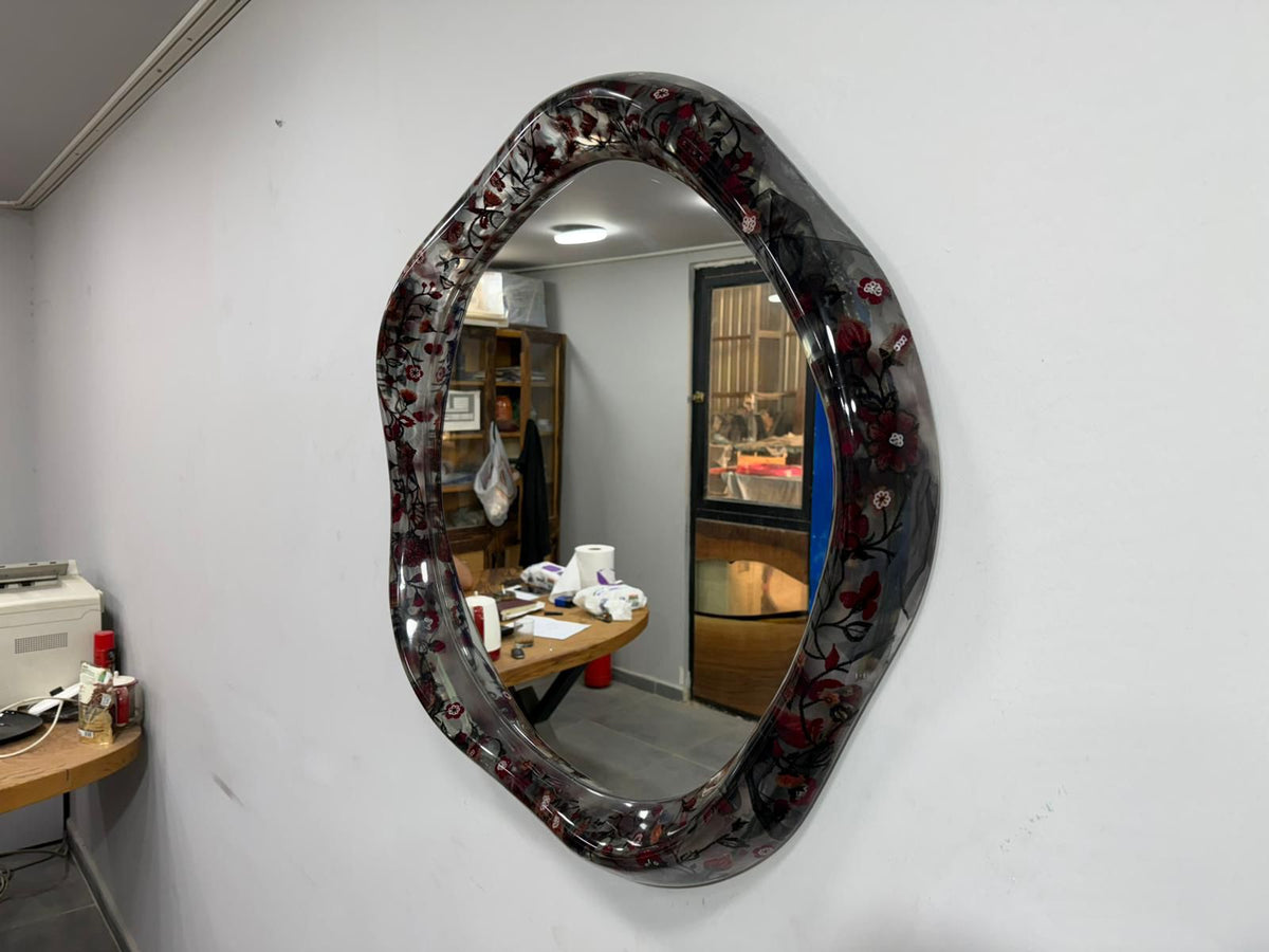 Handcrafted Floral Mirror with Red Blossom Frame – Modern Wall Decor for Living Room