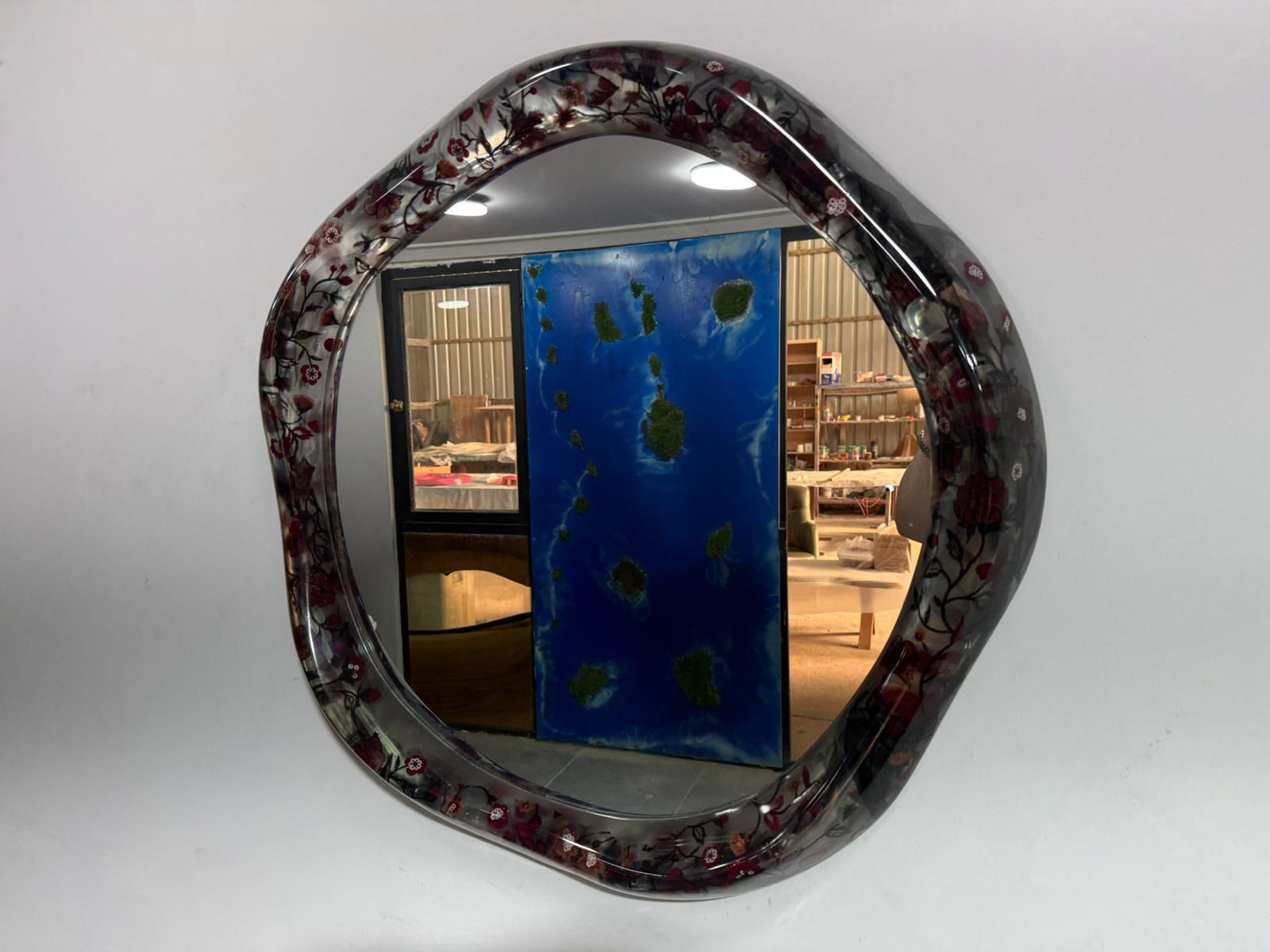 Handcrafted Floral Mirror with Red Blossom Frame – Modern Wall Decor for Living Room