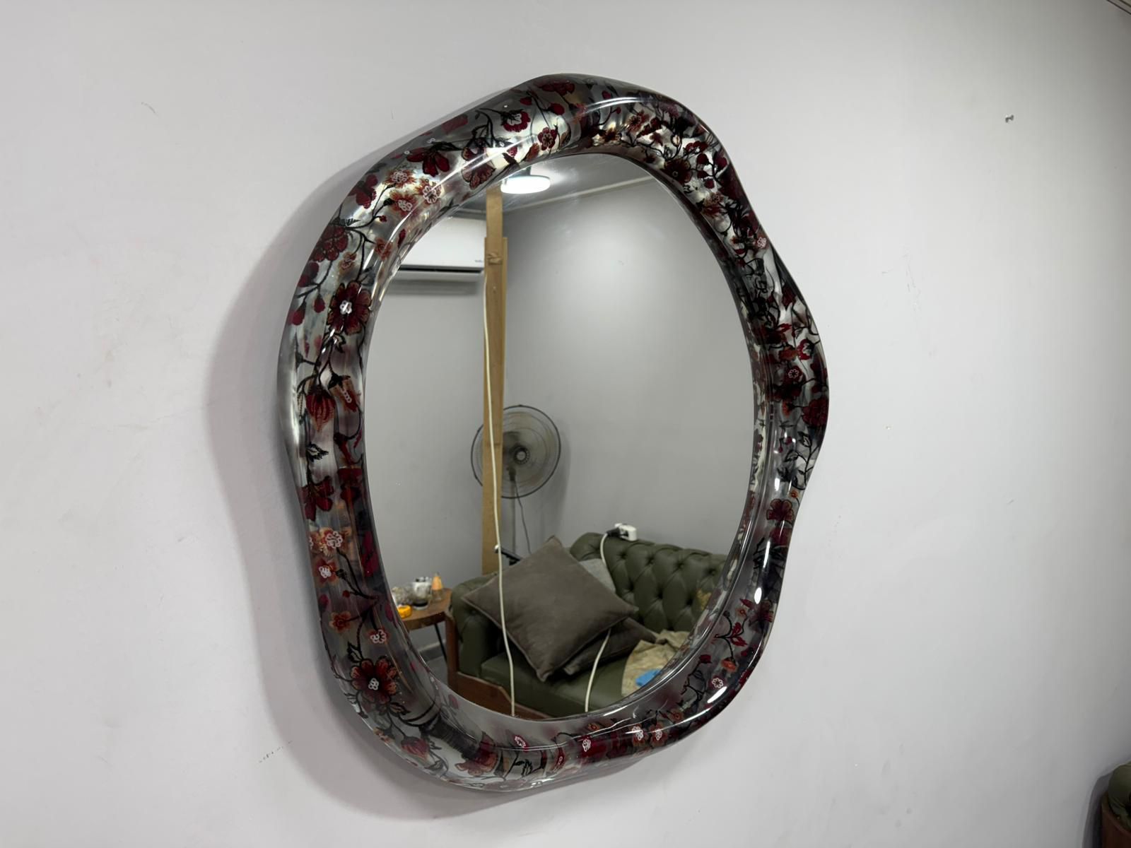 Handcrafted Floral Mirror with Red Blossom Frame – Modern Wall Decor for Living Room
