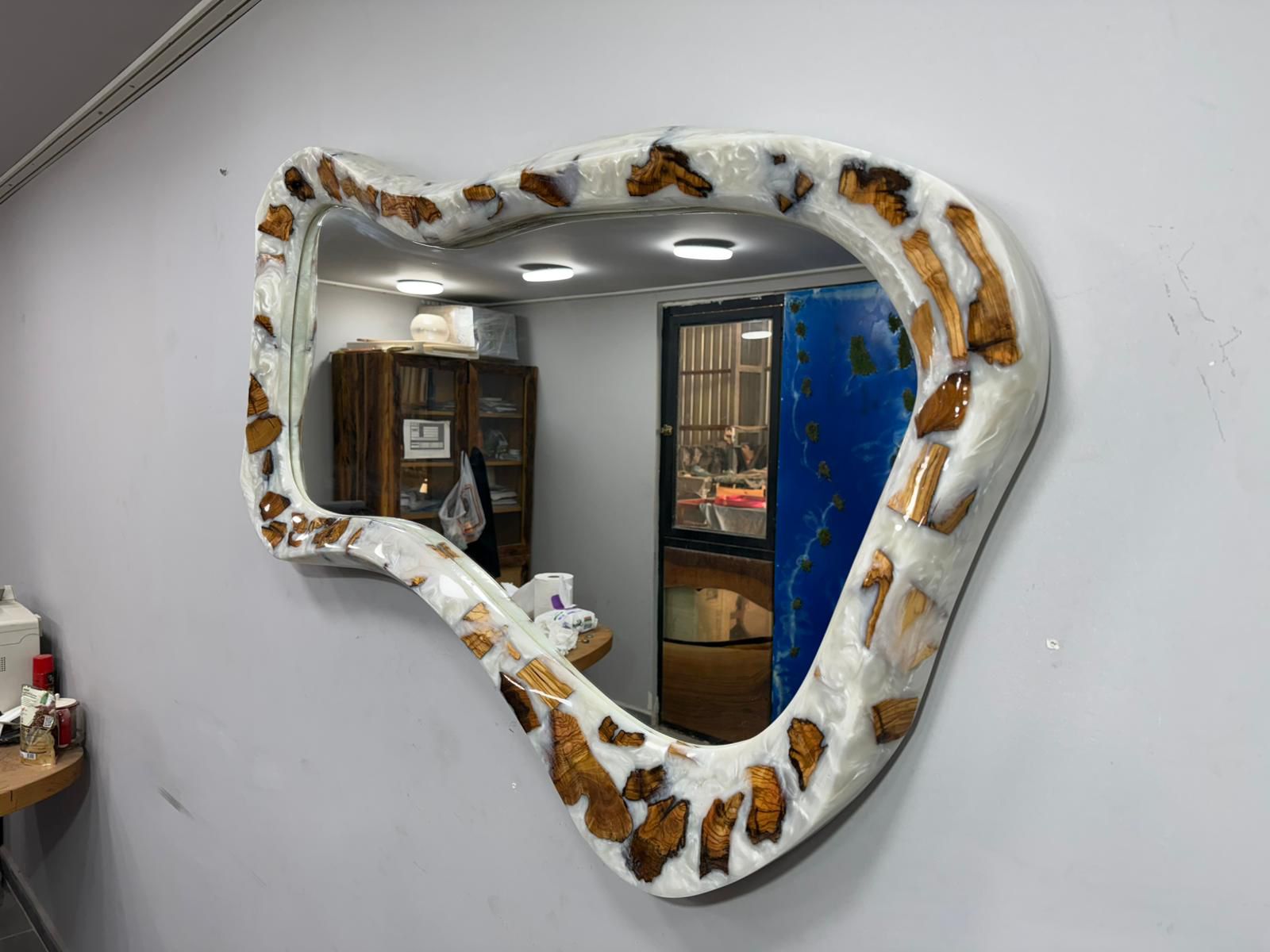 Modern Rustic Wall Mirror – Unique Organic Shaped Frame with Wood & Resin