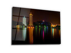 ・"Banyan Lake Pagodas - China"・Glass Wall Art