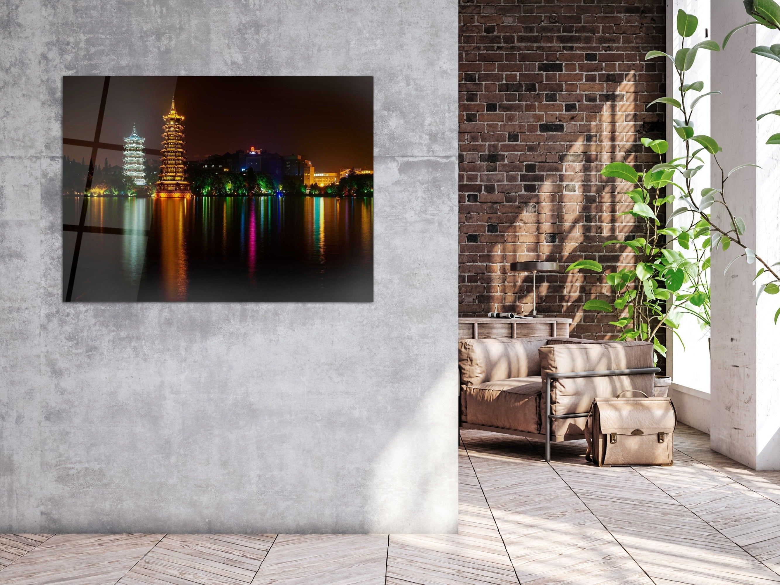 ・"Banyan Lake Pagodas - China"・Glass Wall Art