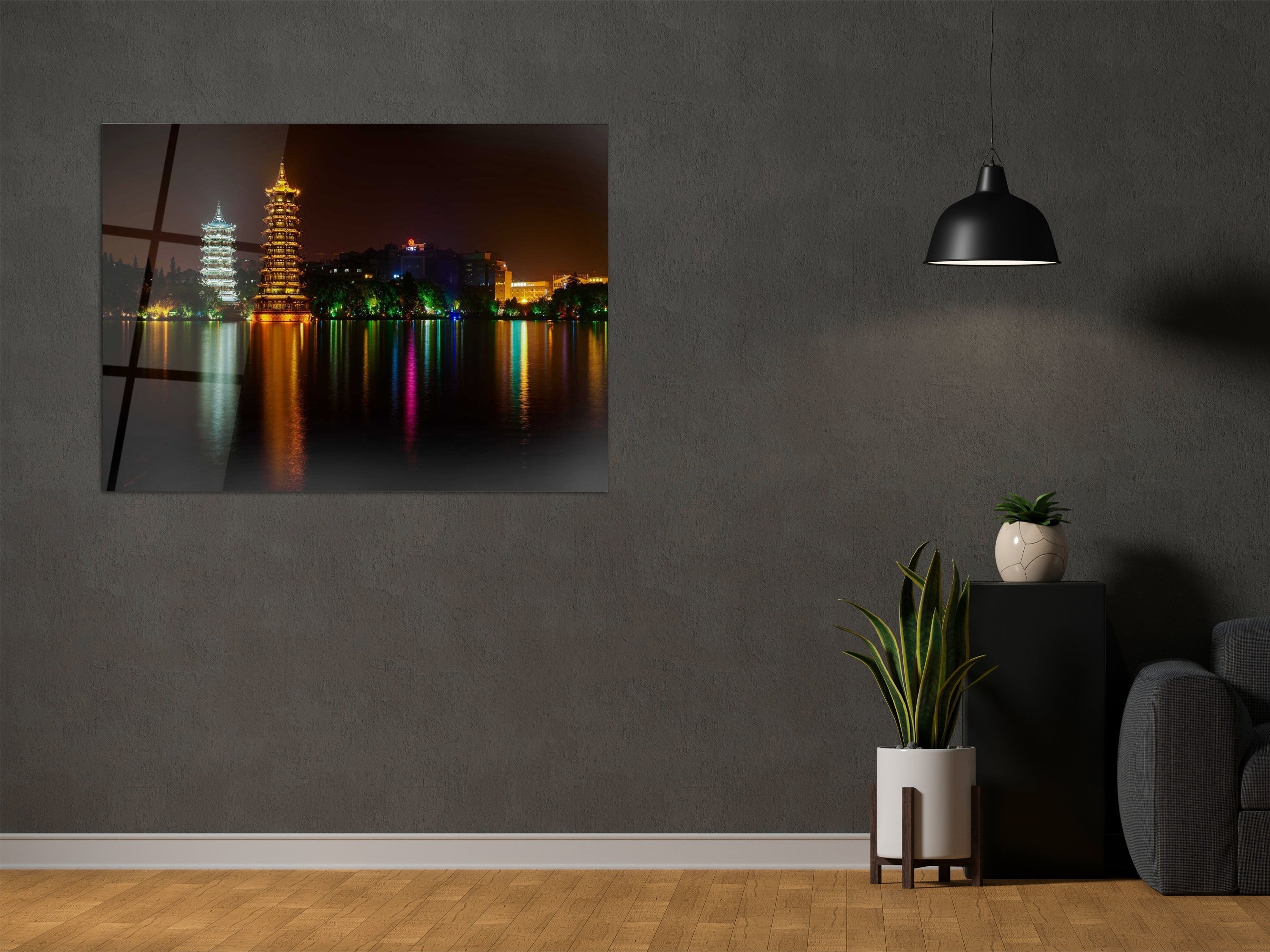 ・"Banyan Lake Pagodas - China"・Glass Wall Art