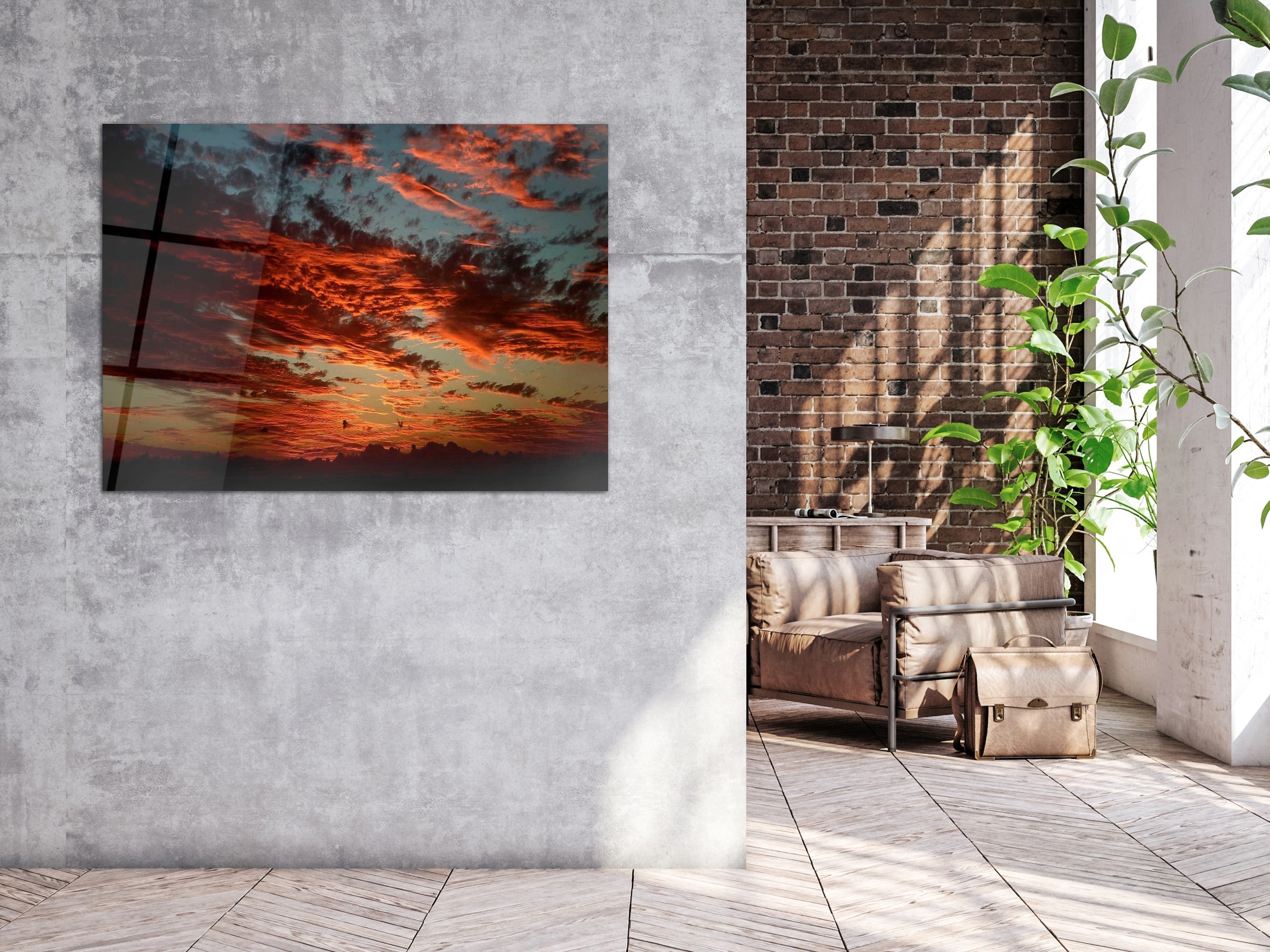 ・"Fiery Sunset Sky"・Glass Wall Art