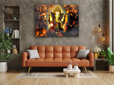 ・"Golden Ganesha "・Glass Wall Art