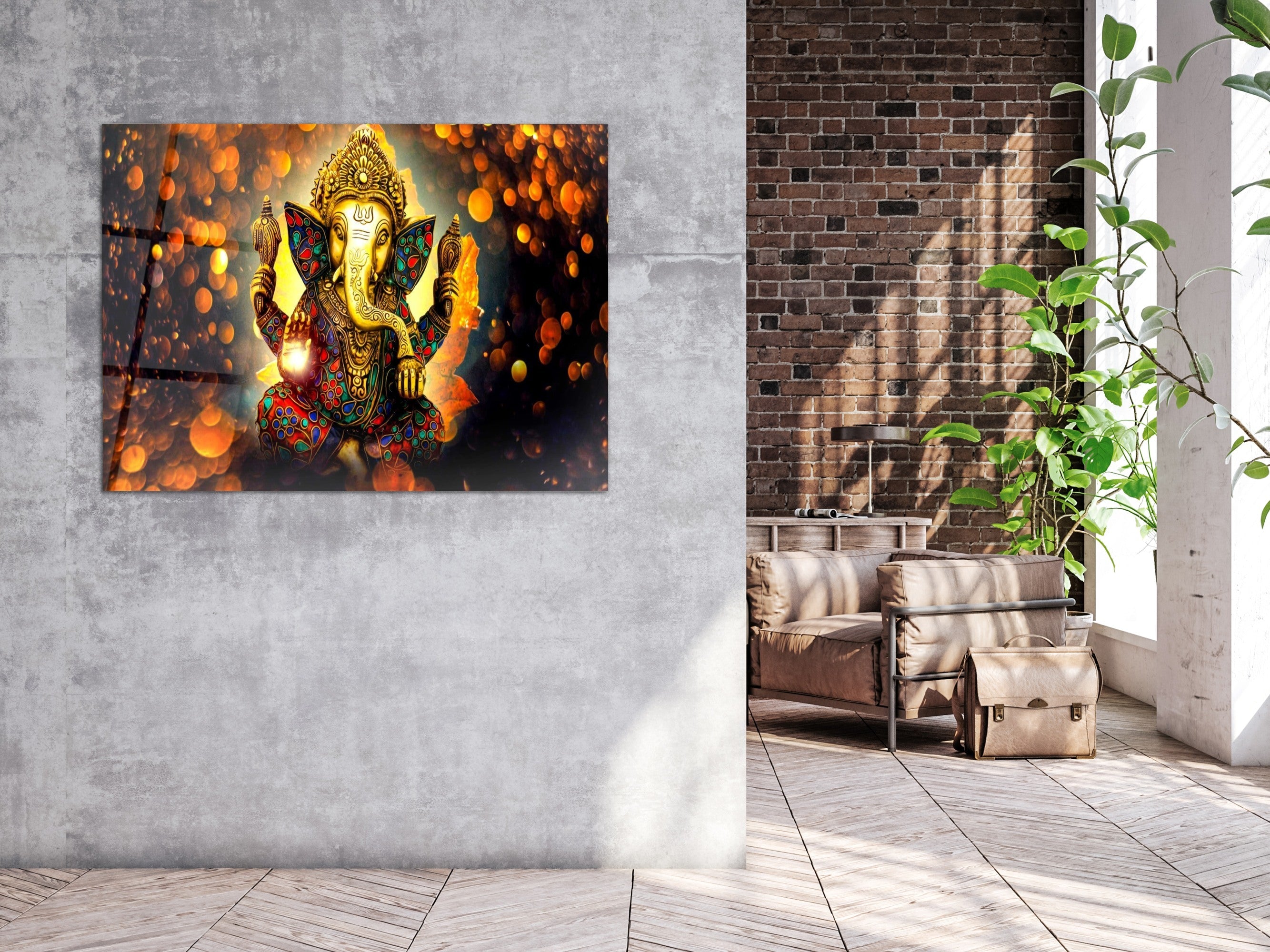 ・"Golden Ganesha "・Glass Wall Art