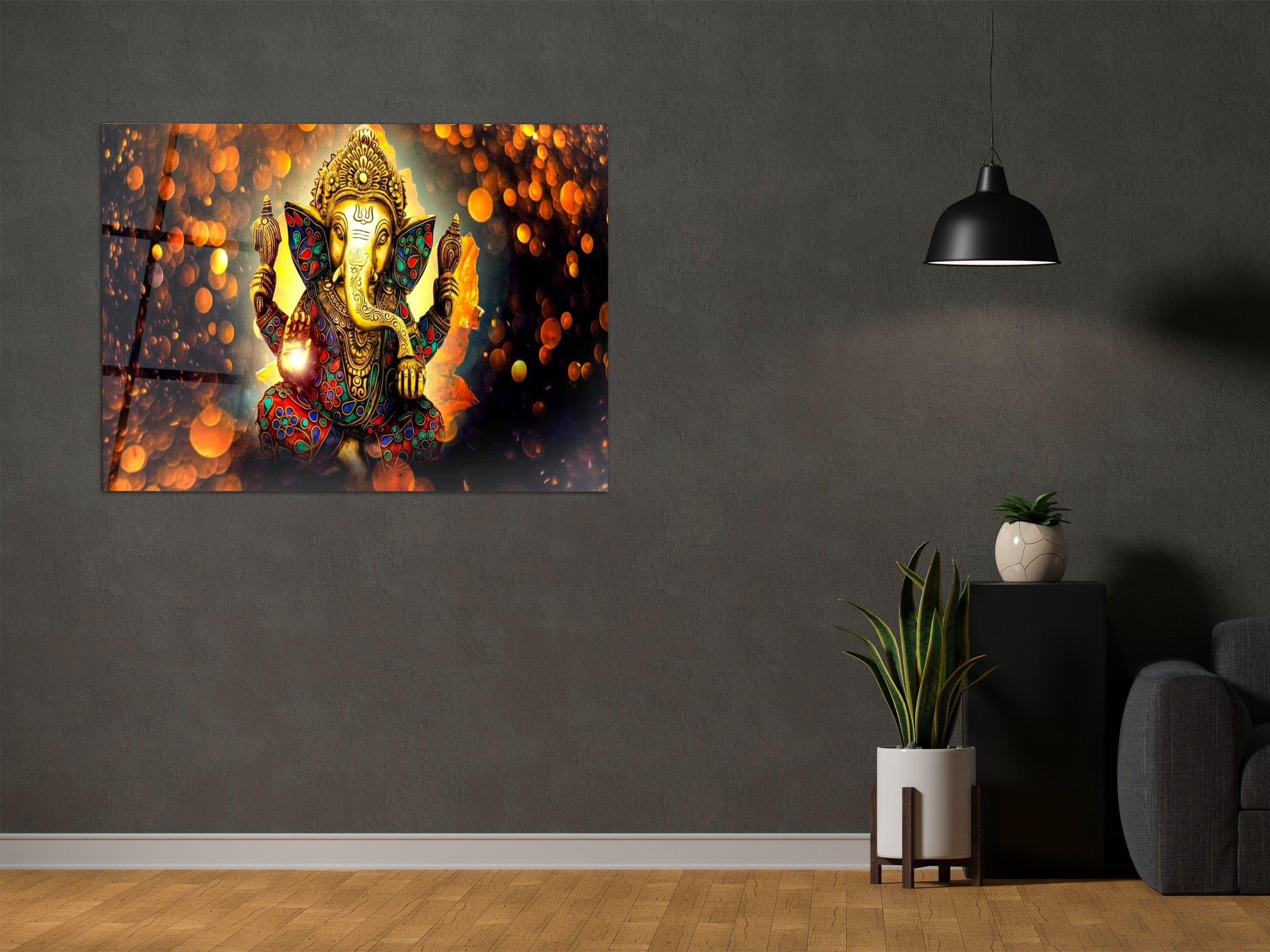 ・"Golden Ganesha "・Glass Wall Art