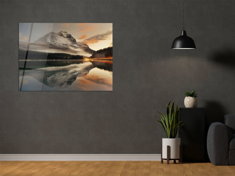 ・"Surreal Mountain Lake Reflection"・Glass Wall Art