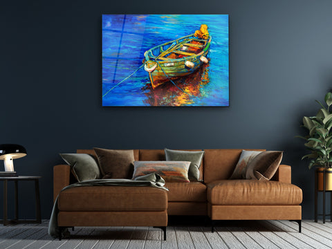 ・"Oil Painting of a Boat on the Sea"・Glass Wall Art