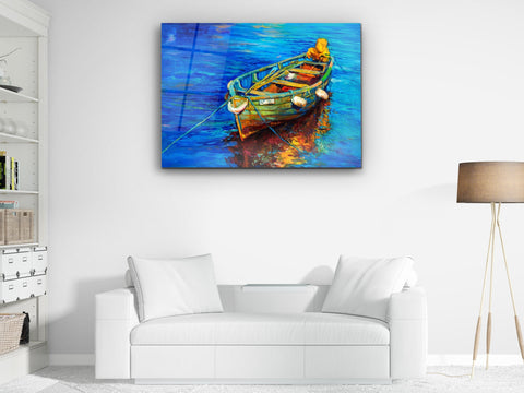 ・"Oil Painting of a Boat on the Sea"・Glass Wall Art