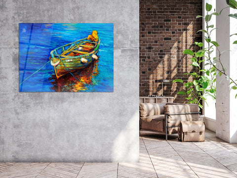 ・"Oil Painting of a Boat on the Sea"・Glass Wall Art