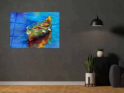 ・"Oil Painting of a Boat on the Sea"・Glass Wall Art