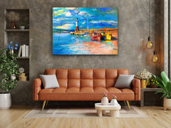 ・"Nautical Lighthouse and Boats Oil Painting"・Glass Wall Art