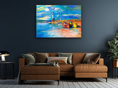 ・"Nautical Lighthouse and Boats Oil Painting"・Glass Wall Art