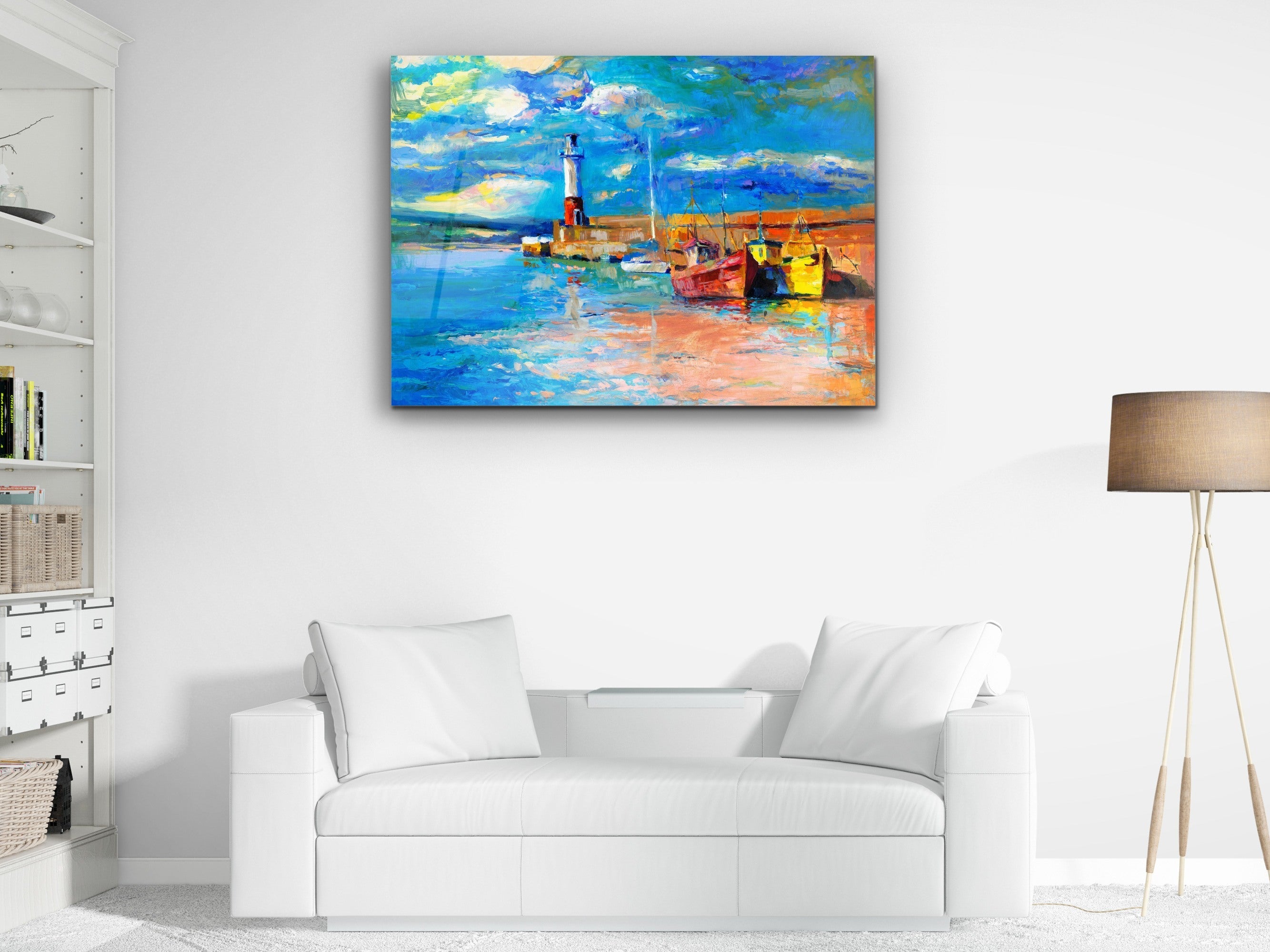 ・"Nautical Lighthouse and Boats Oil Painting"・Glass Wall Art