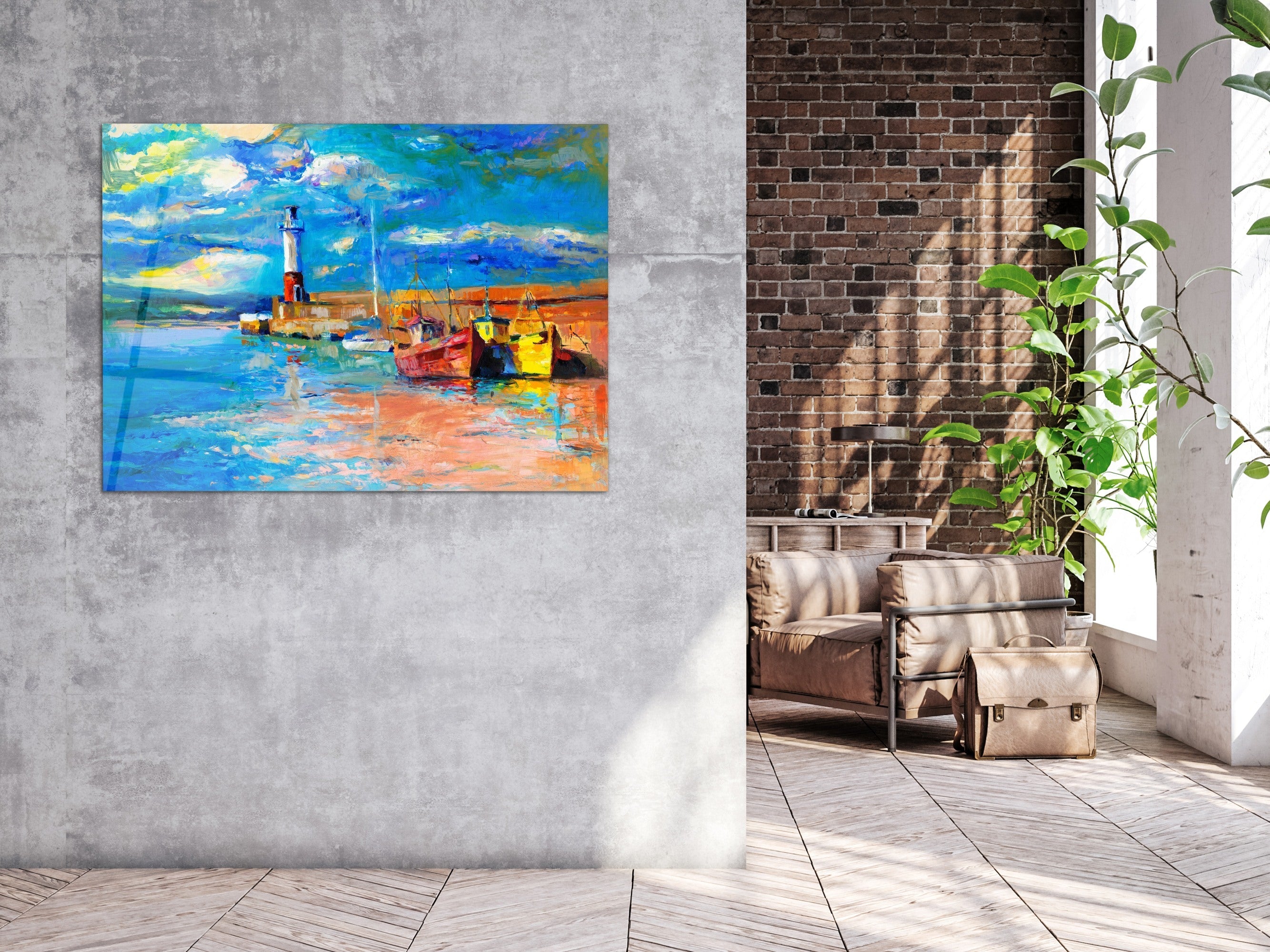 ・"Nautical Lighthouse and Boats Oil Painting"・Glass Wall Art