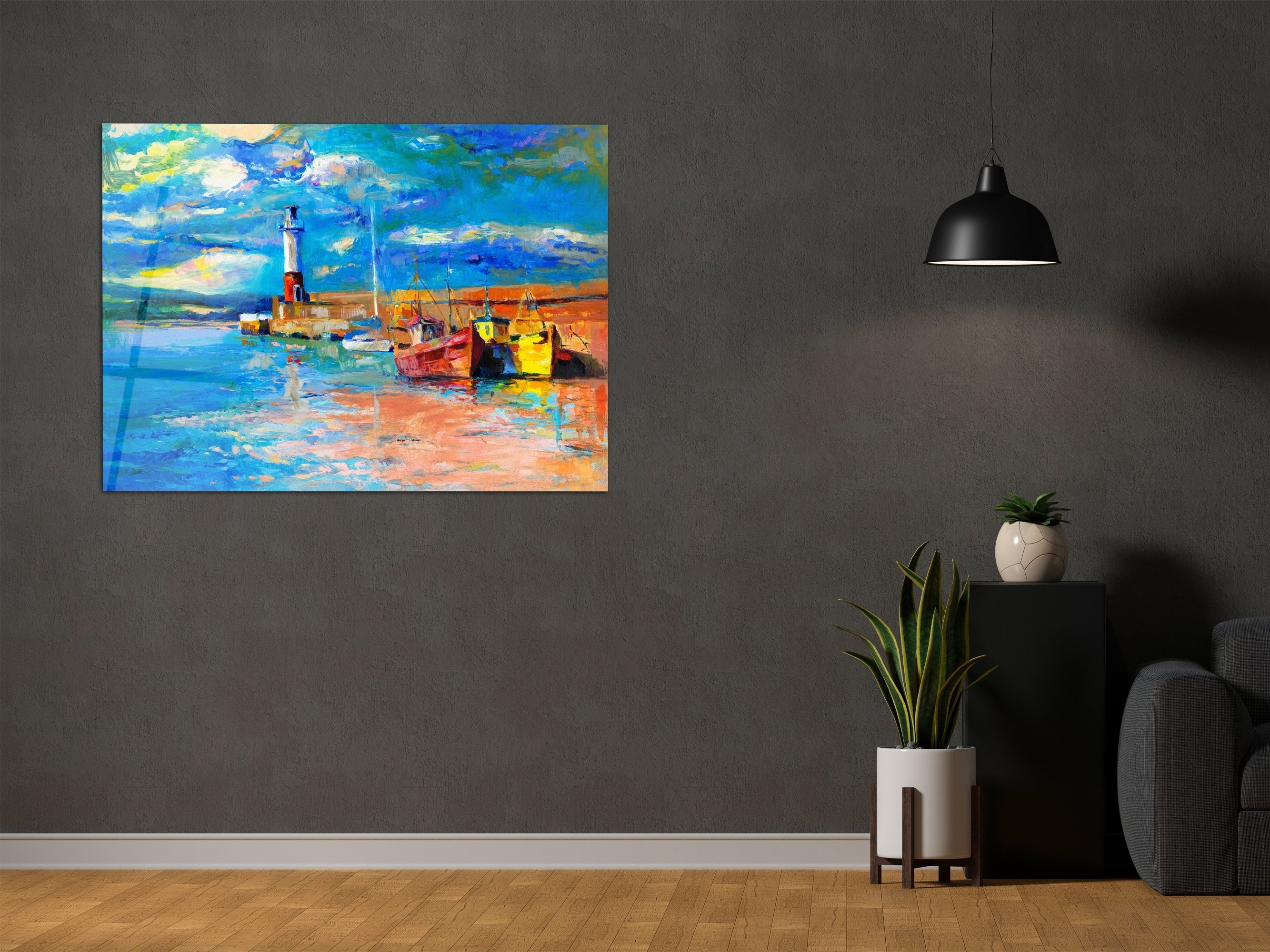 ・"Nautical Lighthouse and Boats Oil Painting"・Glass Wall Art