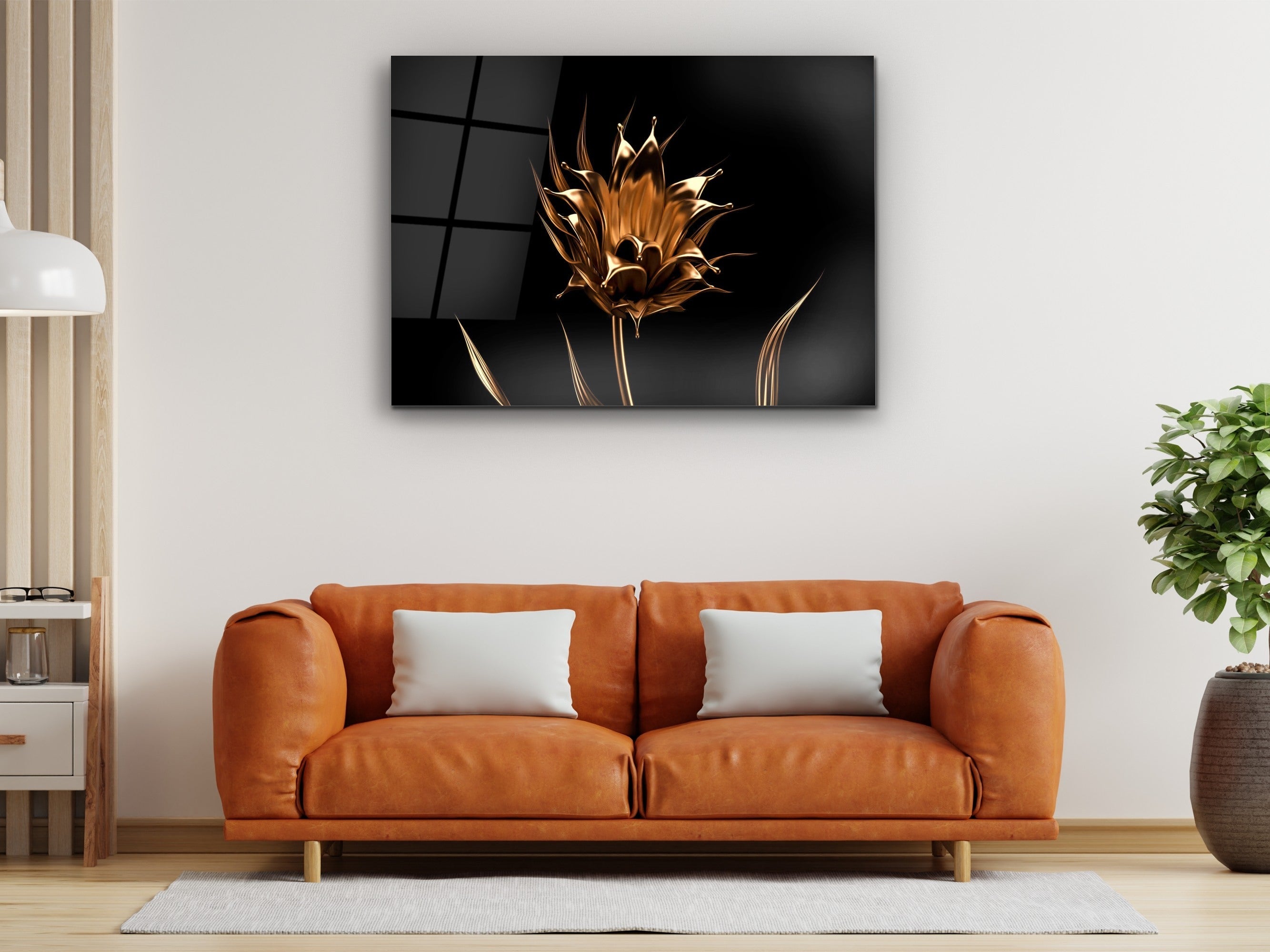 ・"Golden Flower"・Glass Wall Art