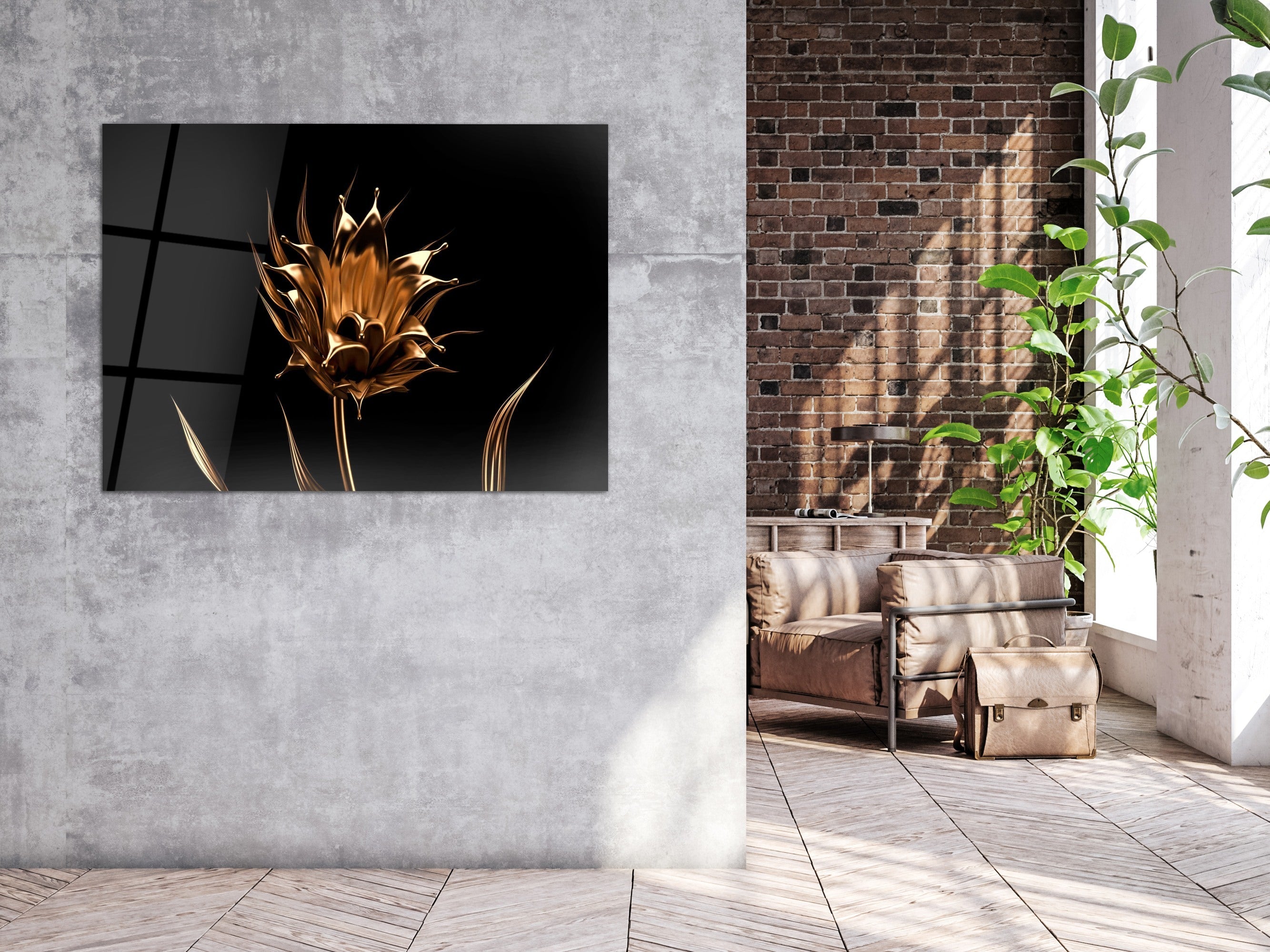 ・"Golden Flower"・Glass Wall Art