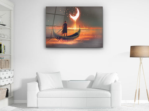 ・"Glowing Sea Rowing Boat"・Glass Wall Art