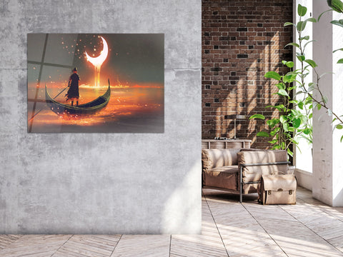 ・"Glowing Sea Rowing Boat"・Glass Wall Art