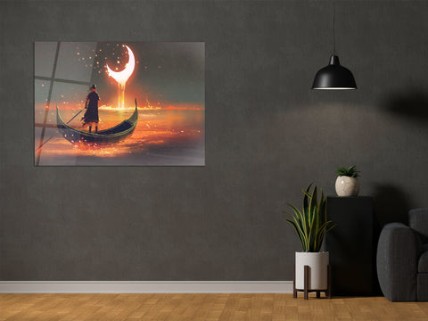 ・"Glowing Sea Rowing Boat"・Glass Wall Art