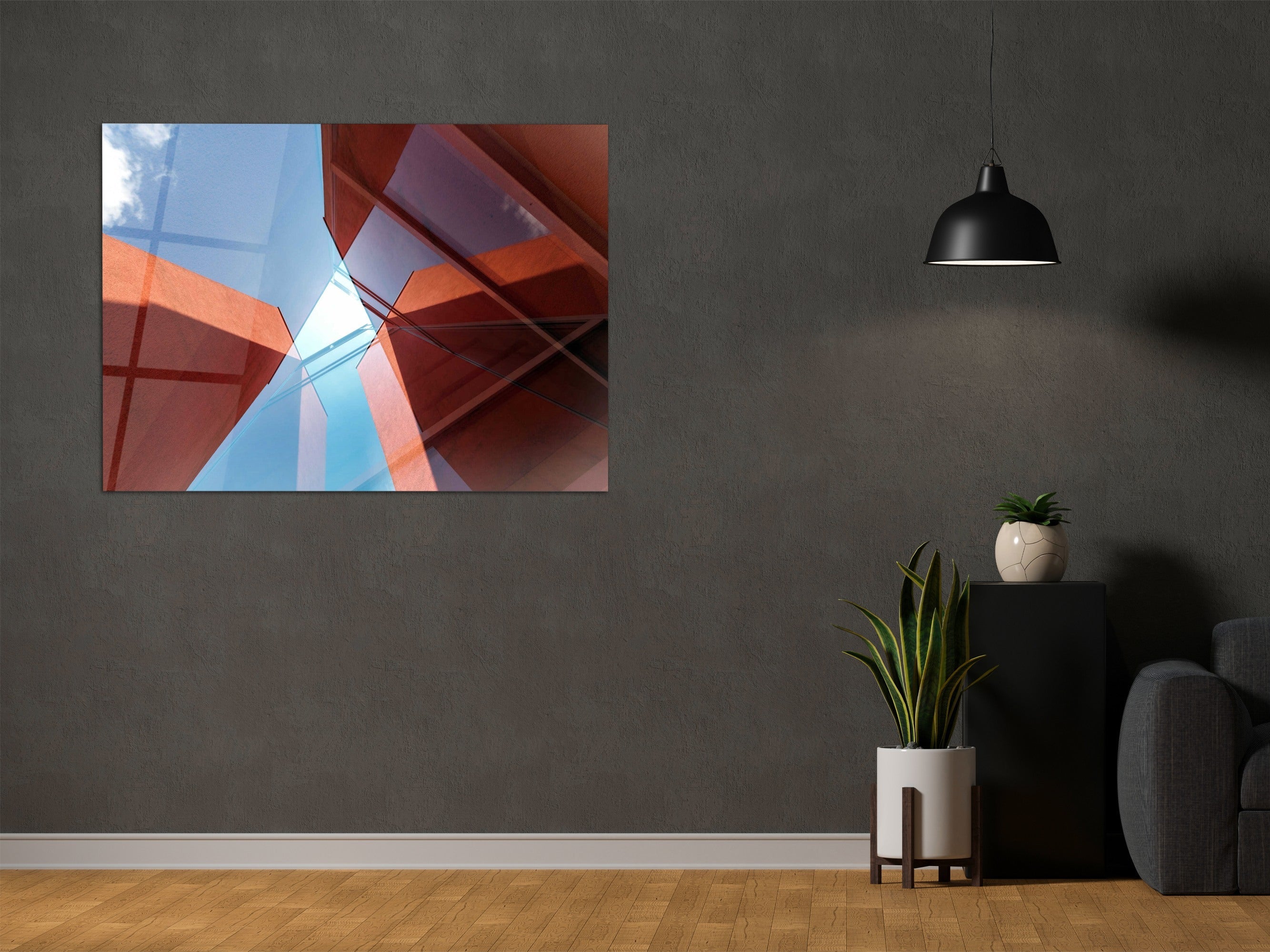 ・"Red and Blue Skyscraper"・Glass Wall Art