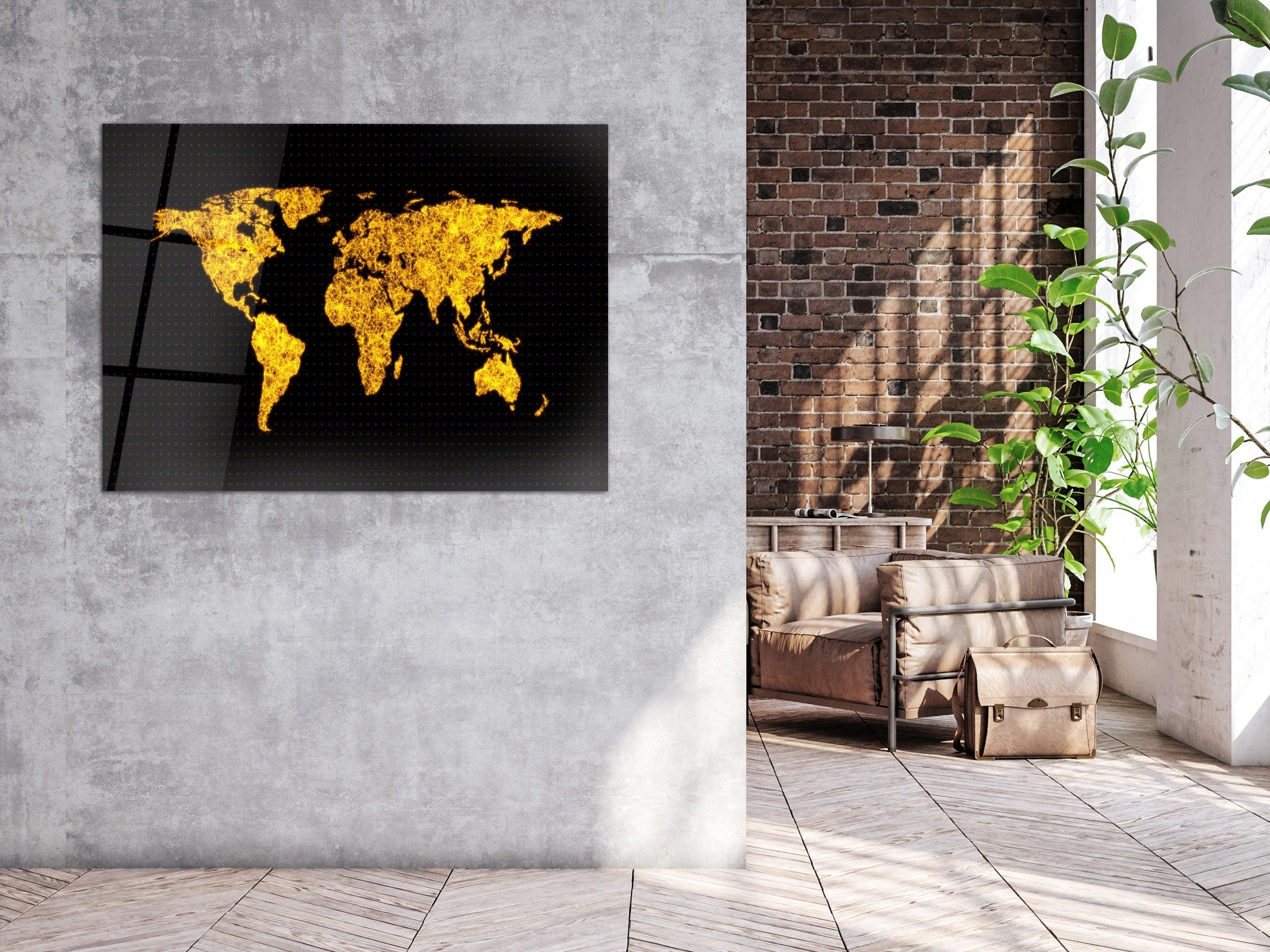 ・"Golden and Black World Map"・Glass Wall Art - Wonders Of Wall