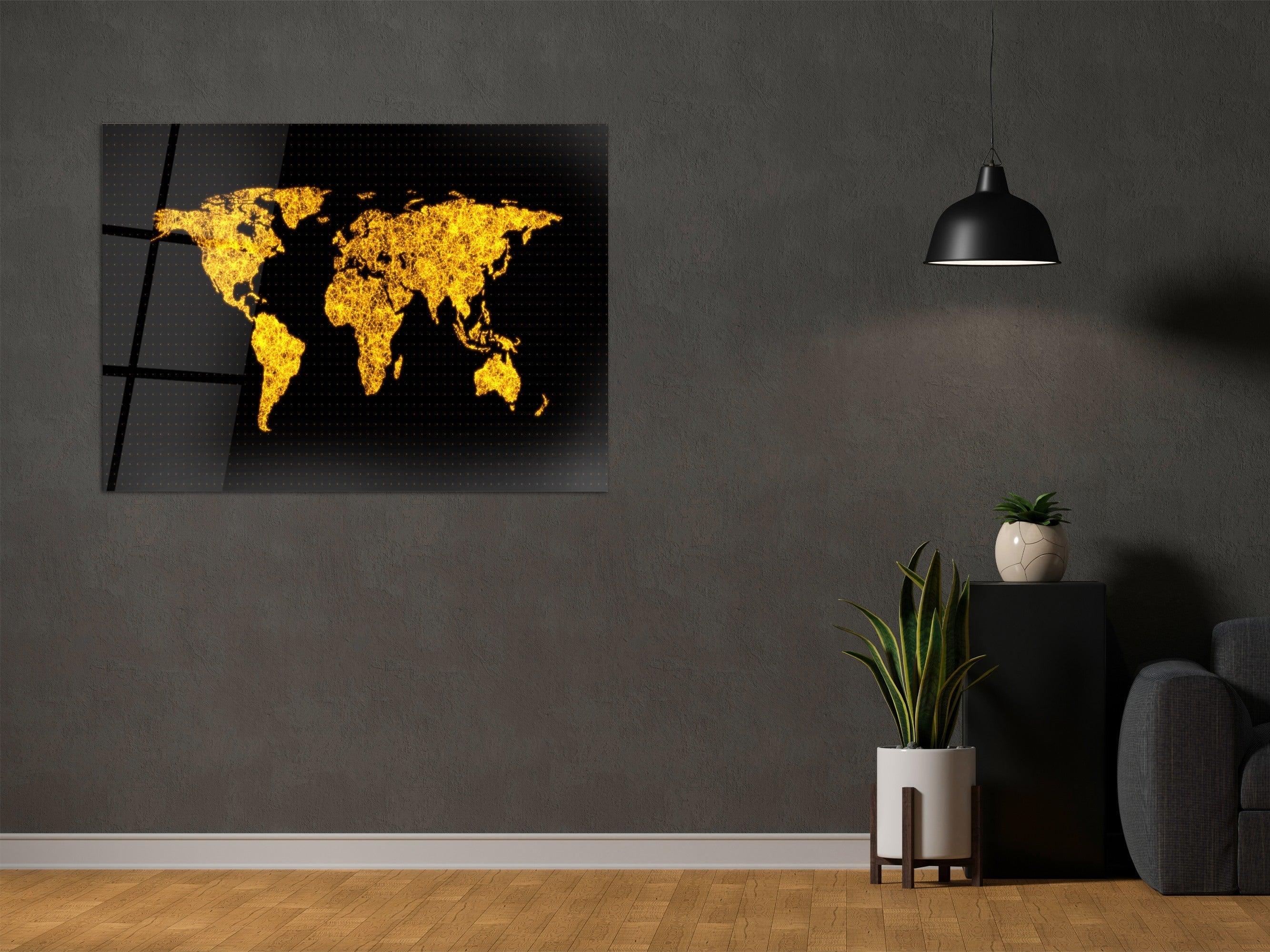 ・"Golden and Black World Map"・Glass Wall Art - Wonders Of Wall