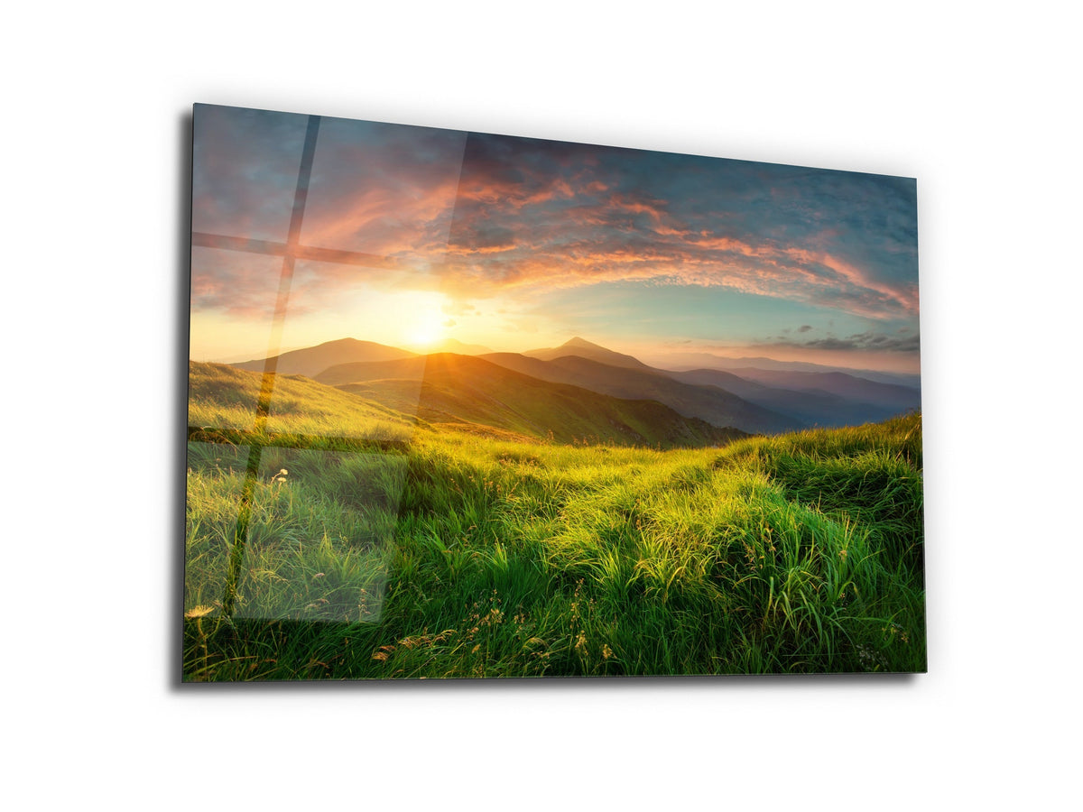 ・"Green Plains and Mountains"・Glass Wall Art