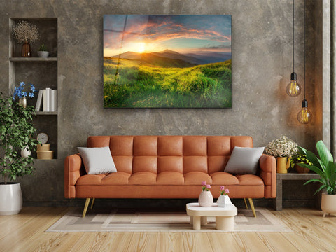 ・"Green Plains and Mountains"・Glass Wall Art