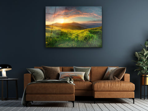 ・"Green Plains and Mountains"・Glass Wall Art