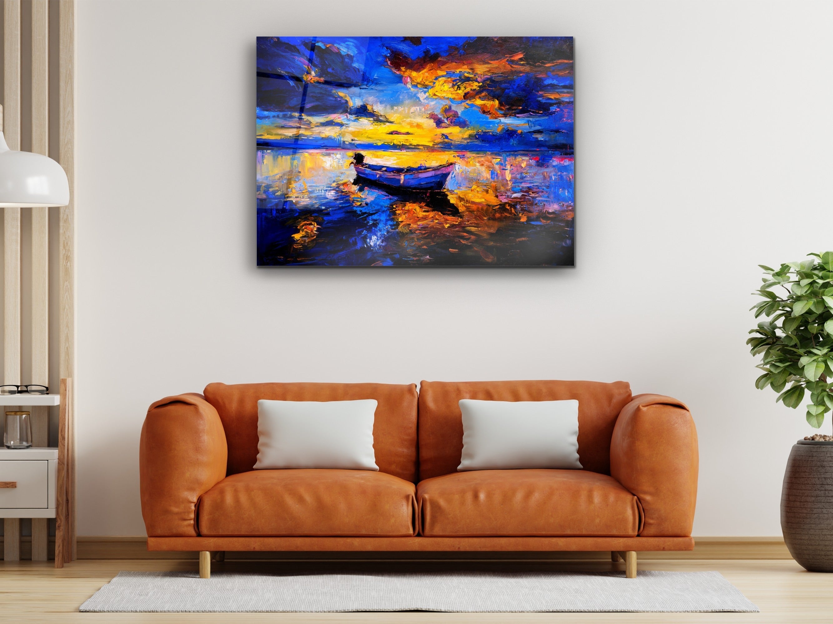 ・"Lonely boat in The River of Color"・Glass Wall Art