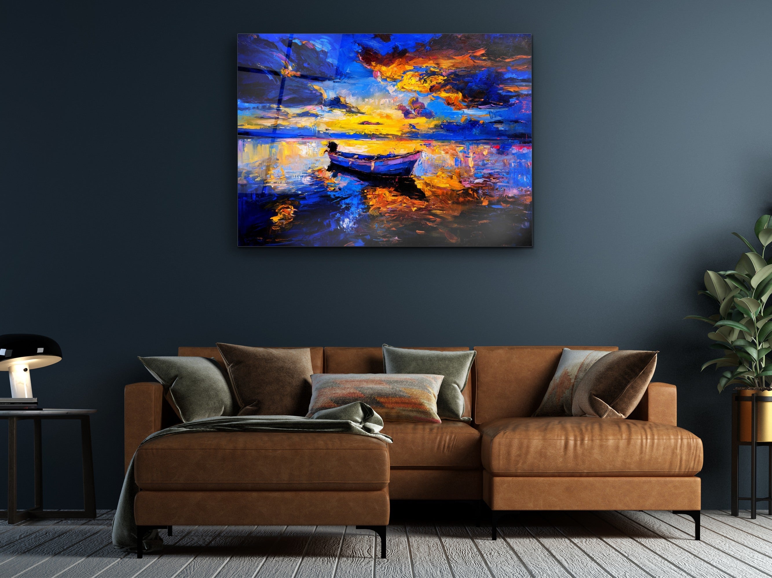 ・"Lonely boat in The River of Color"・Glass Wall Art