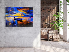 ・"Lonely boat in The River of Color"・Glass Wall Art