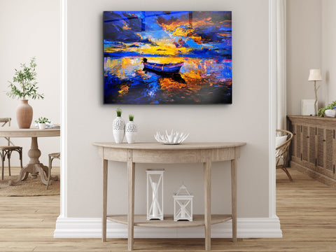 ・"Lonely boat in The River of Color"・Glass Wall Art