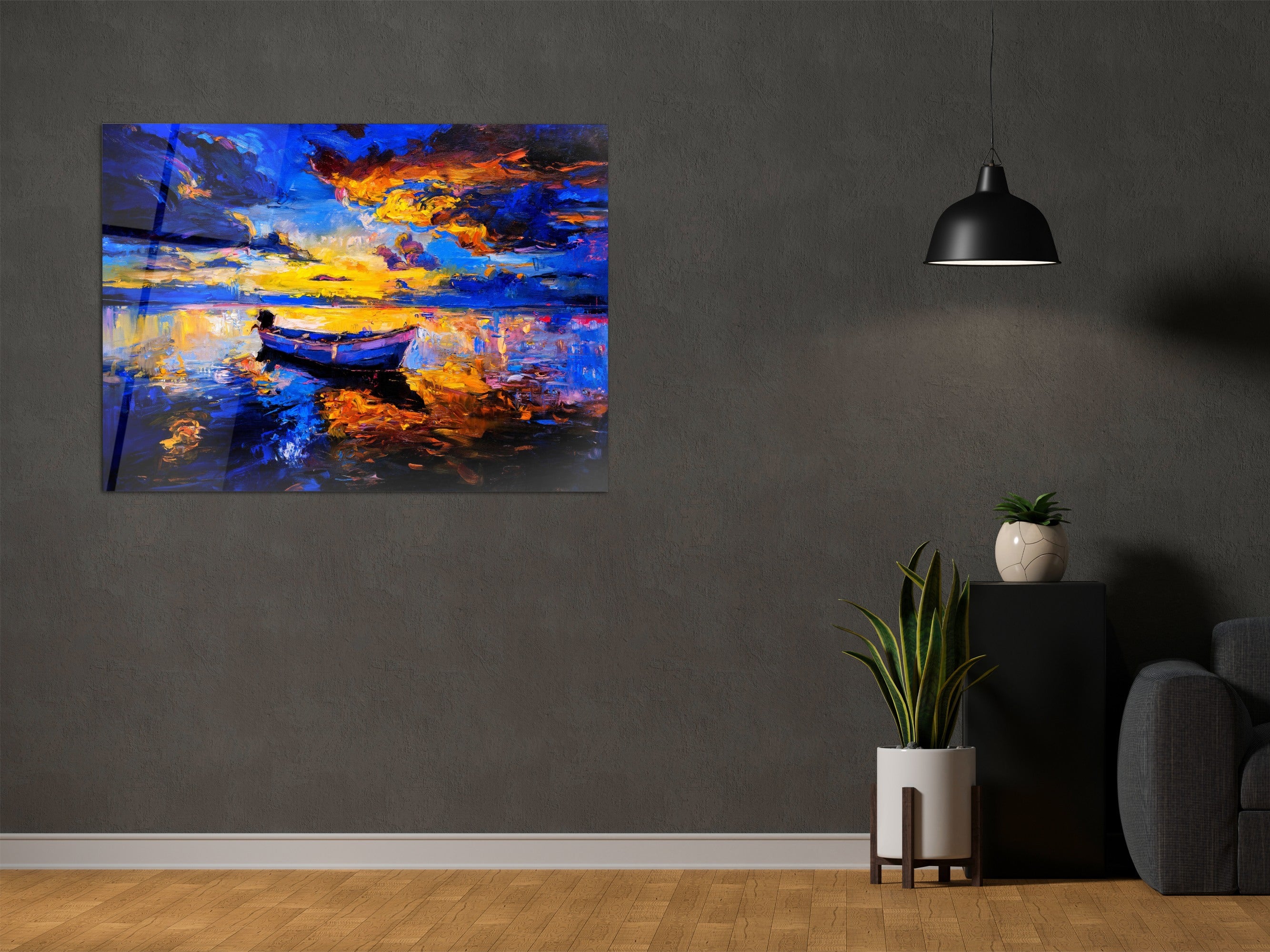 ・"Lonely boat in The River of Color"・Glass Wall Art