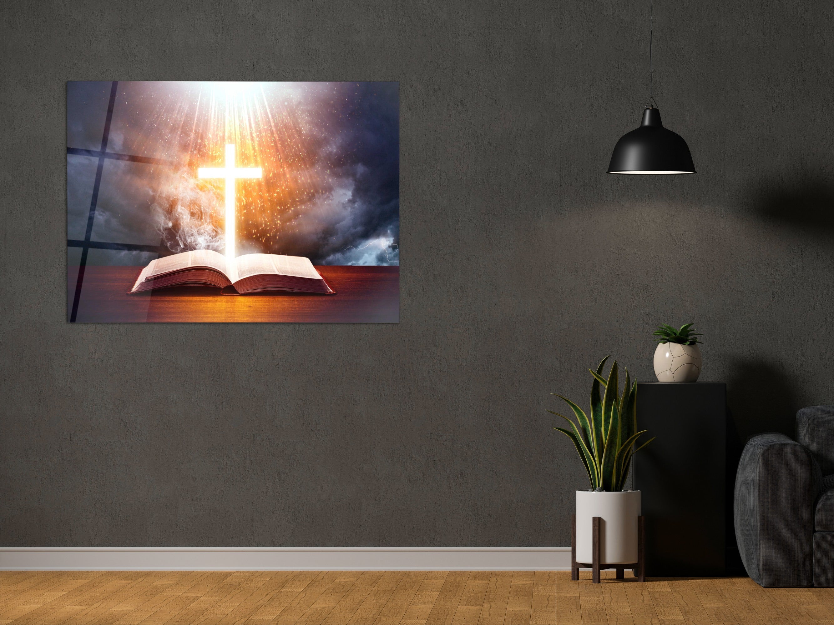 ・"Rising Cross and The Bible"・Glass Wall Art